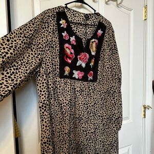Leopard Print Dress with Floral Embroidery